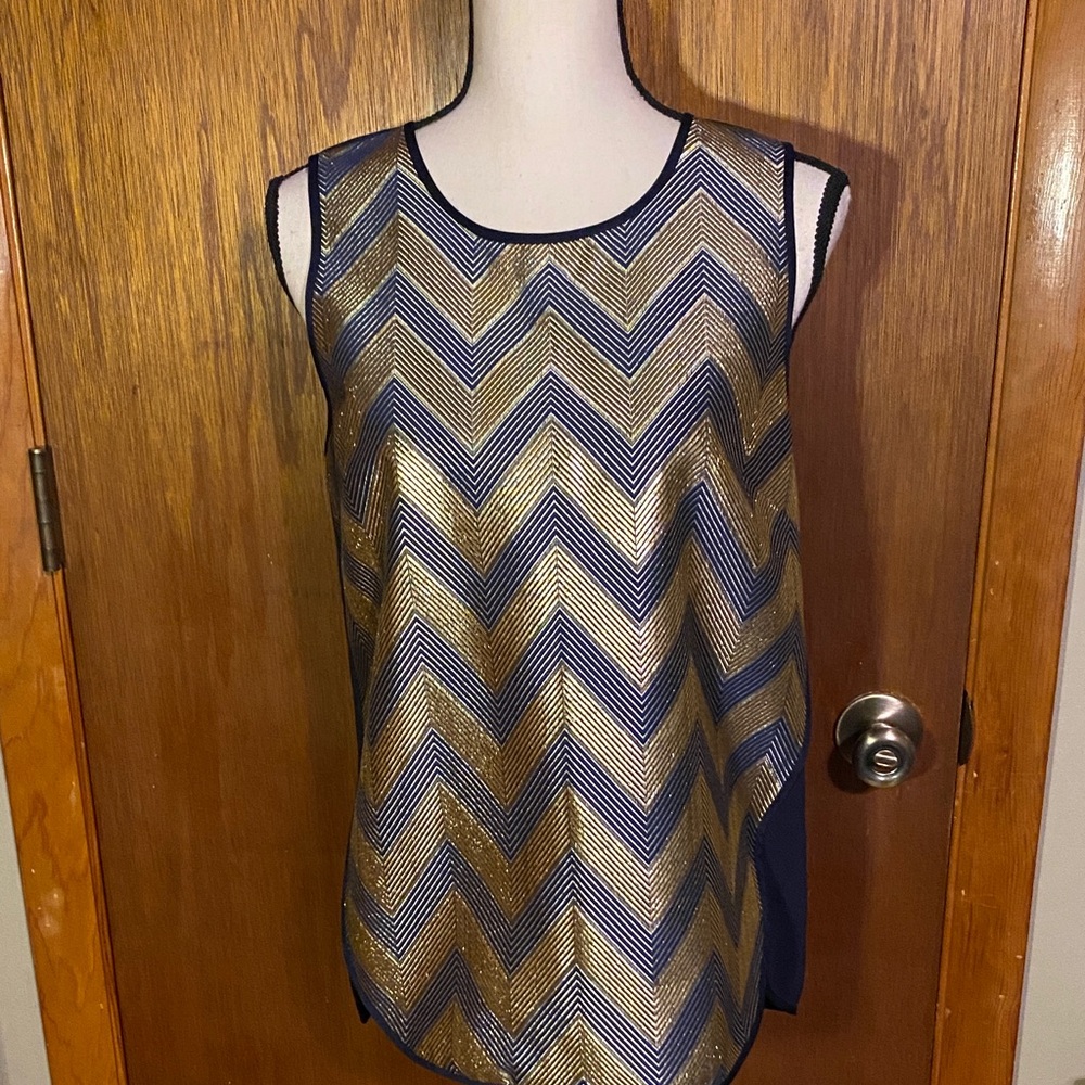 J. Crew Navy and Gold Chevron Tank Top